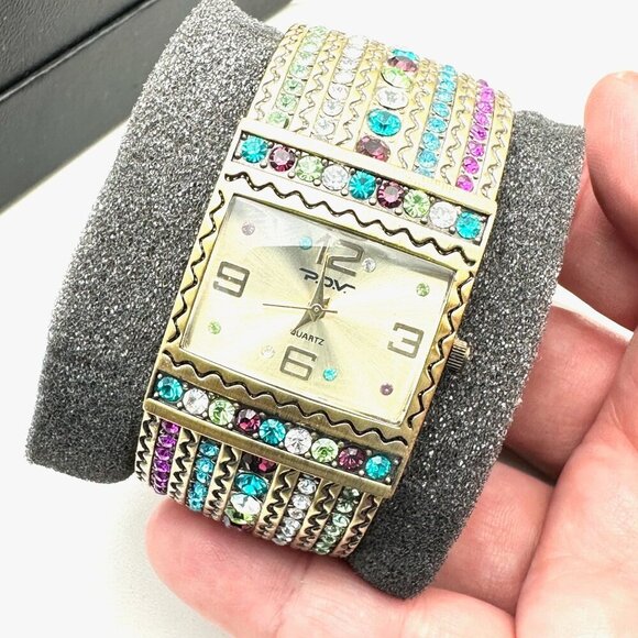 POV Womens Watch Multi Crystal Bronze Tone Hinged Bangle Bracelet NIB - Picture 2 of 6